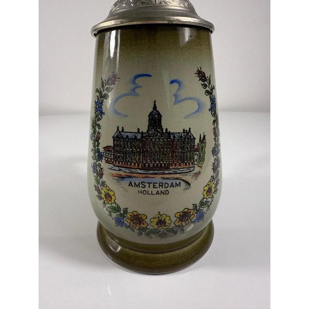 Vintage Original King Handmade Ceramic Beer Stein with Pewter Lid‎